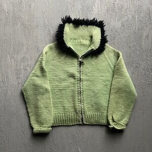Vintage Cowichan Full Zip Sweater Women's Medium Green 1960s Shag Fringe Chunky